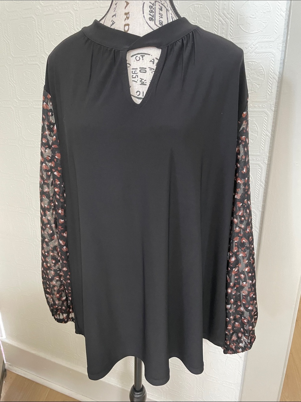 Anne Klein Black Blouse with Printed Sheer Sleeves